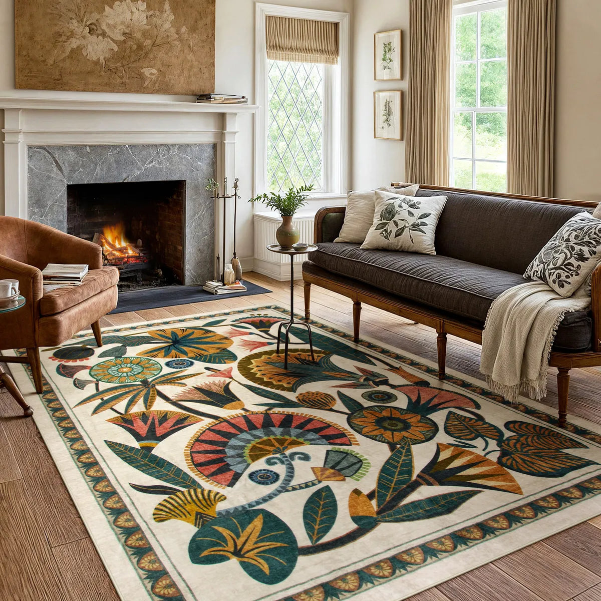 Zaya Washable Egyptian-Inspired Botanical Cream Rug