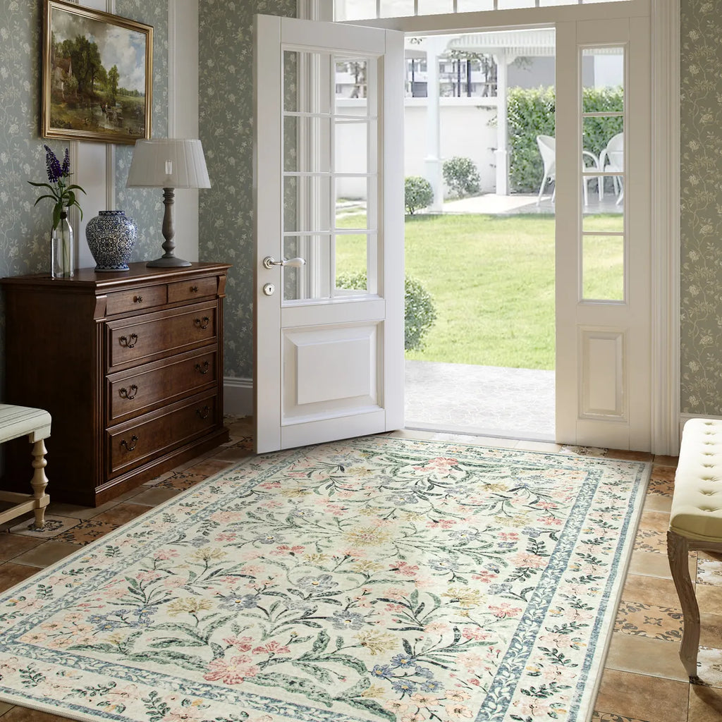 Sylvie Washable Boho Modern Parisian Garden Floral Beige Rug