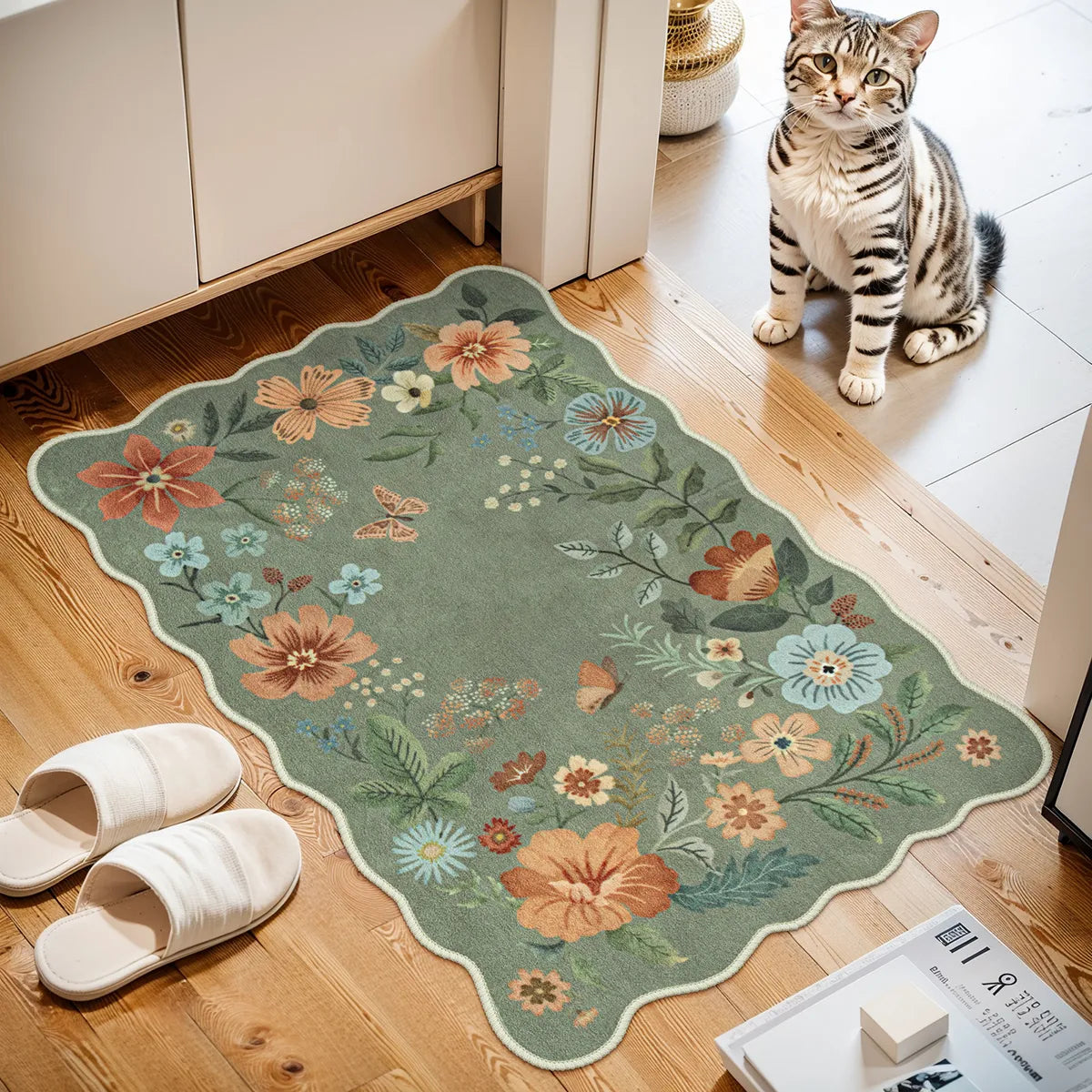 Flore Washable Boho Modern Parisian Floral Scalloped Green Rug