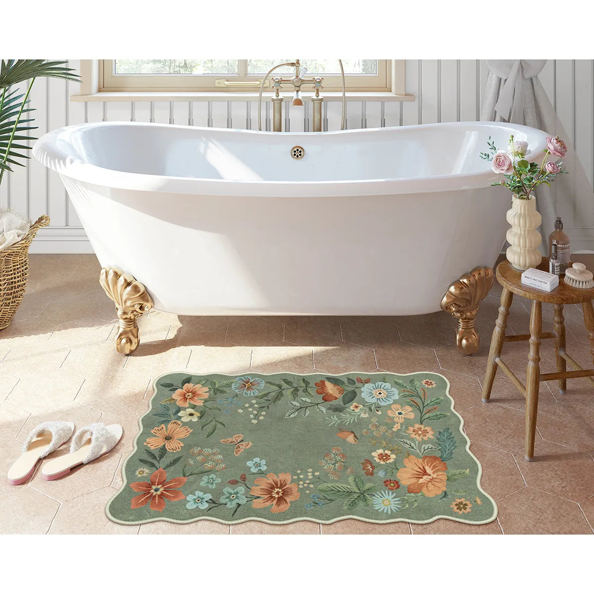 Flore Washable Boho Modern Parisian Floral Scalloped Green Rug