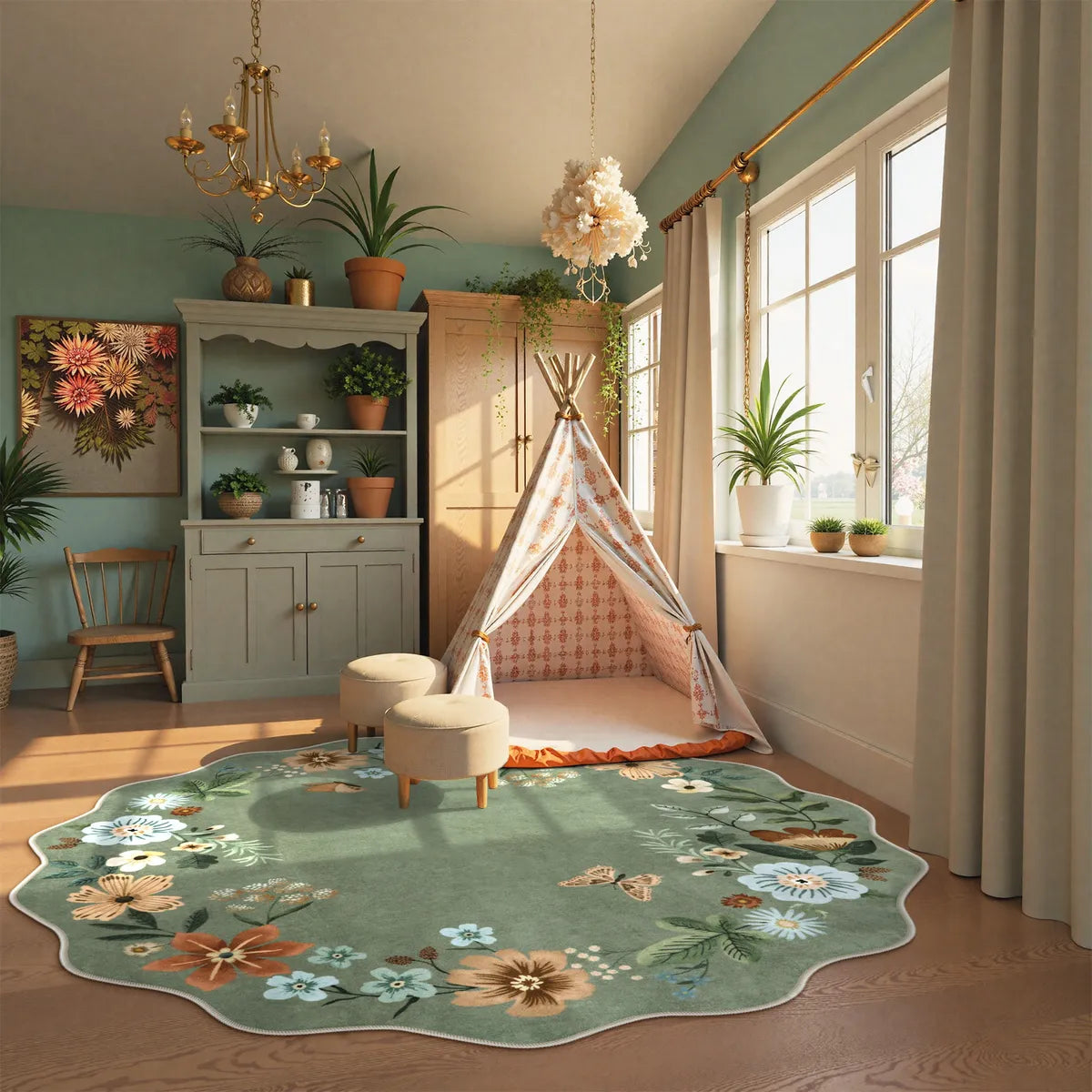 Flore Washable Boho Modern Parisian Floral Scalloped Green Rug