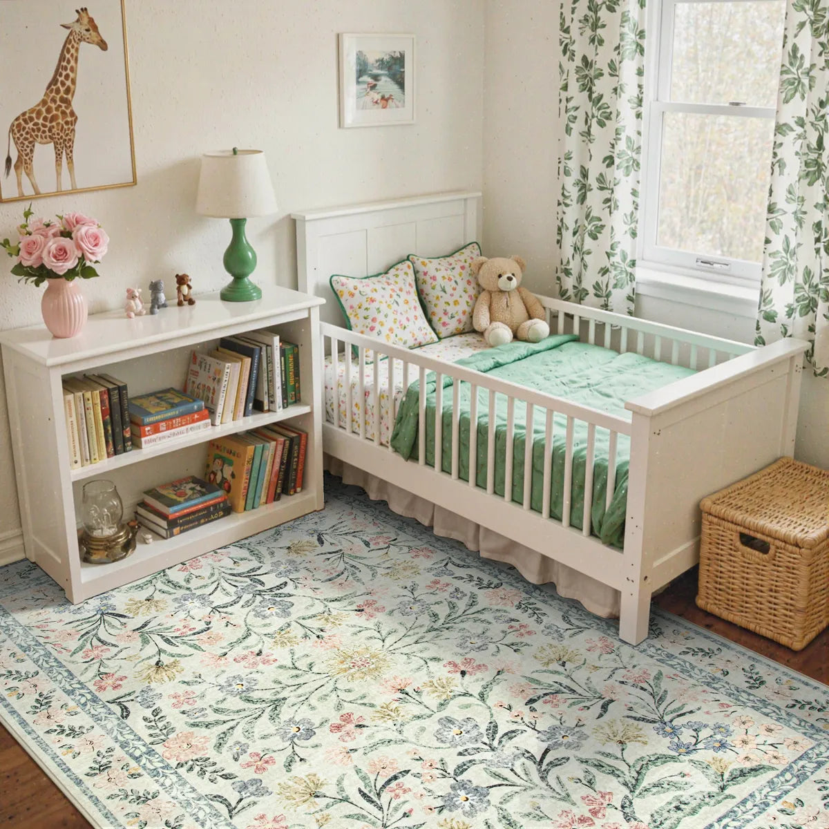 Sylvie Washable Boho Modern Parisian Garden Floral Beige Rug