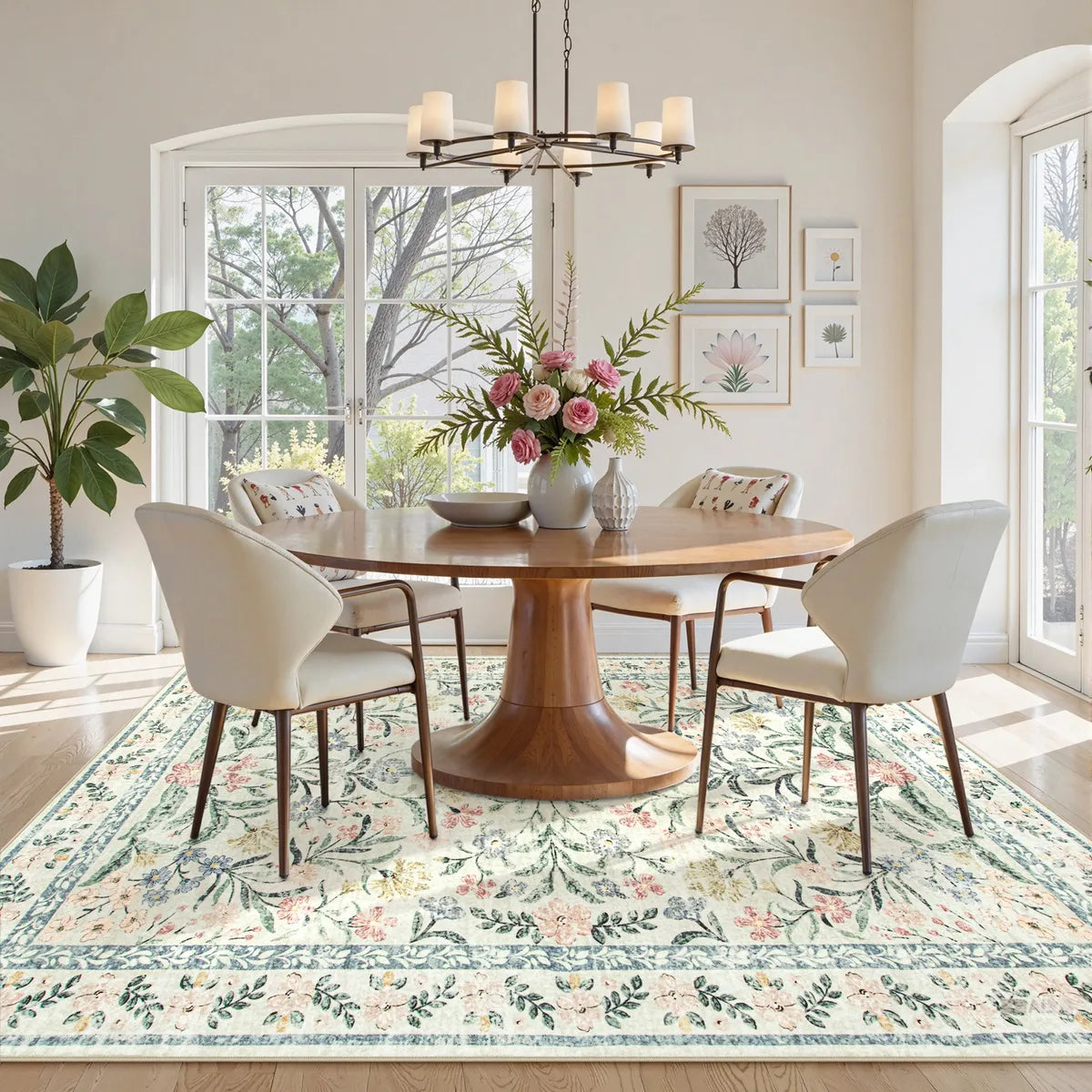 Sylvie Washable Boho Modern Parisian Garden Floral Beige Rug