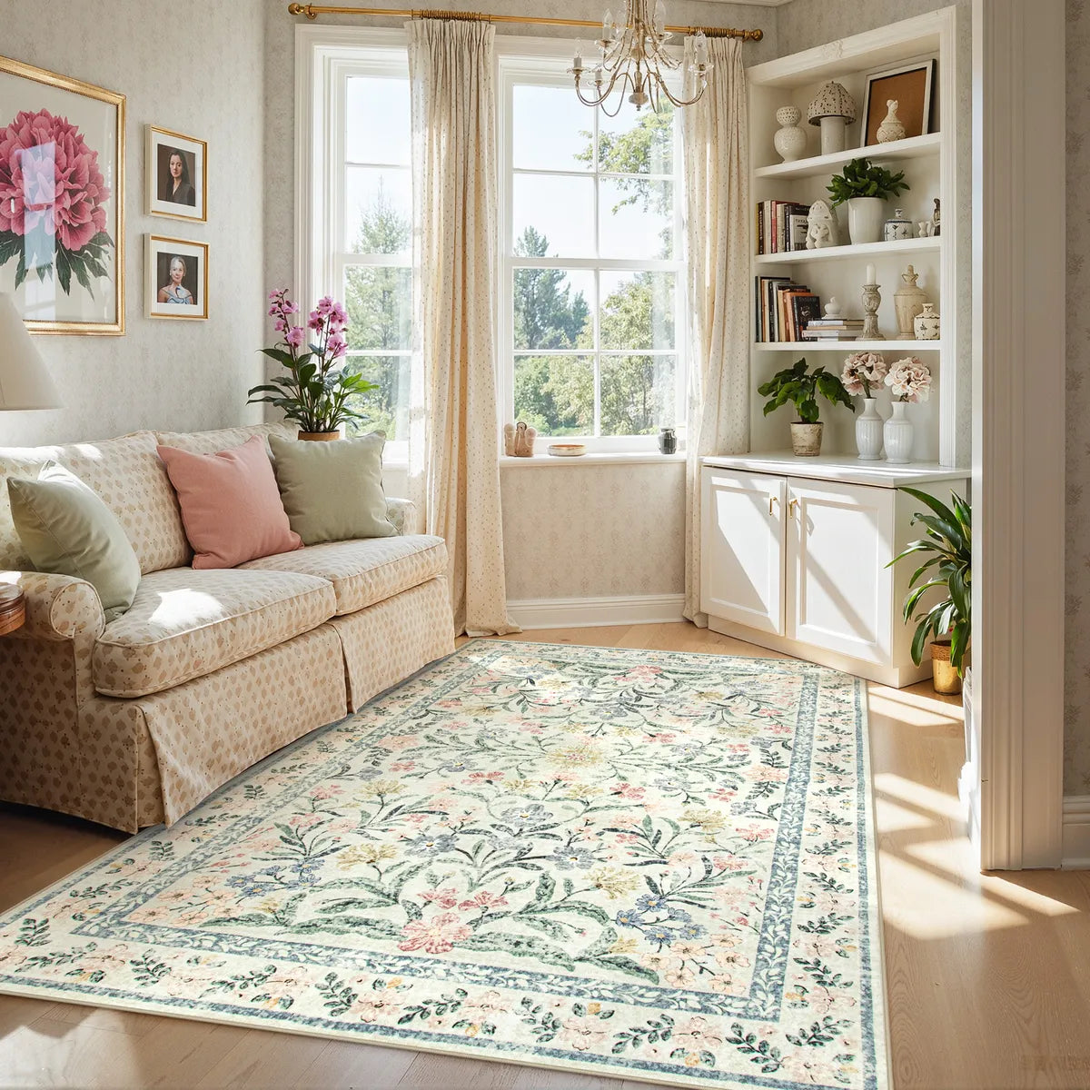 Sylvie Washable Boho Modern Parisian Garden Floral Beige Rug