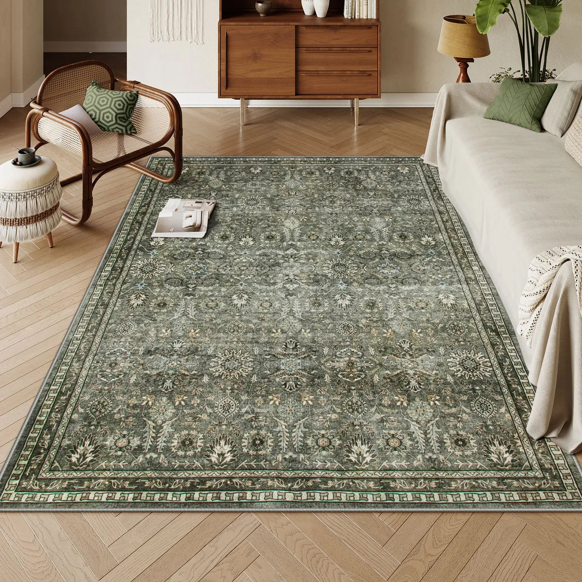 Mirae Washable Vintage Persian Dark Green Rug