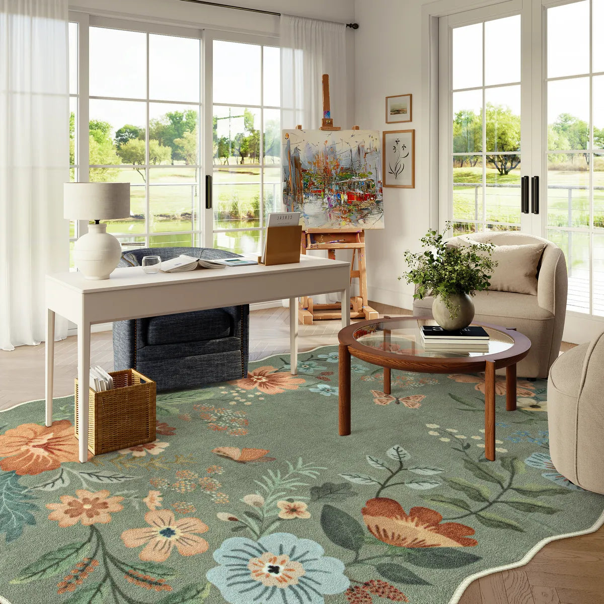 Flore Washable Boho Modern Parisian Floral Scalloped Green Rug