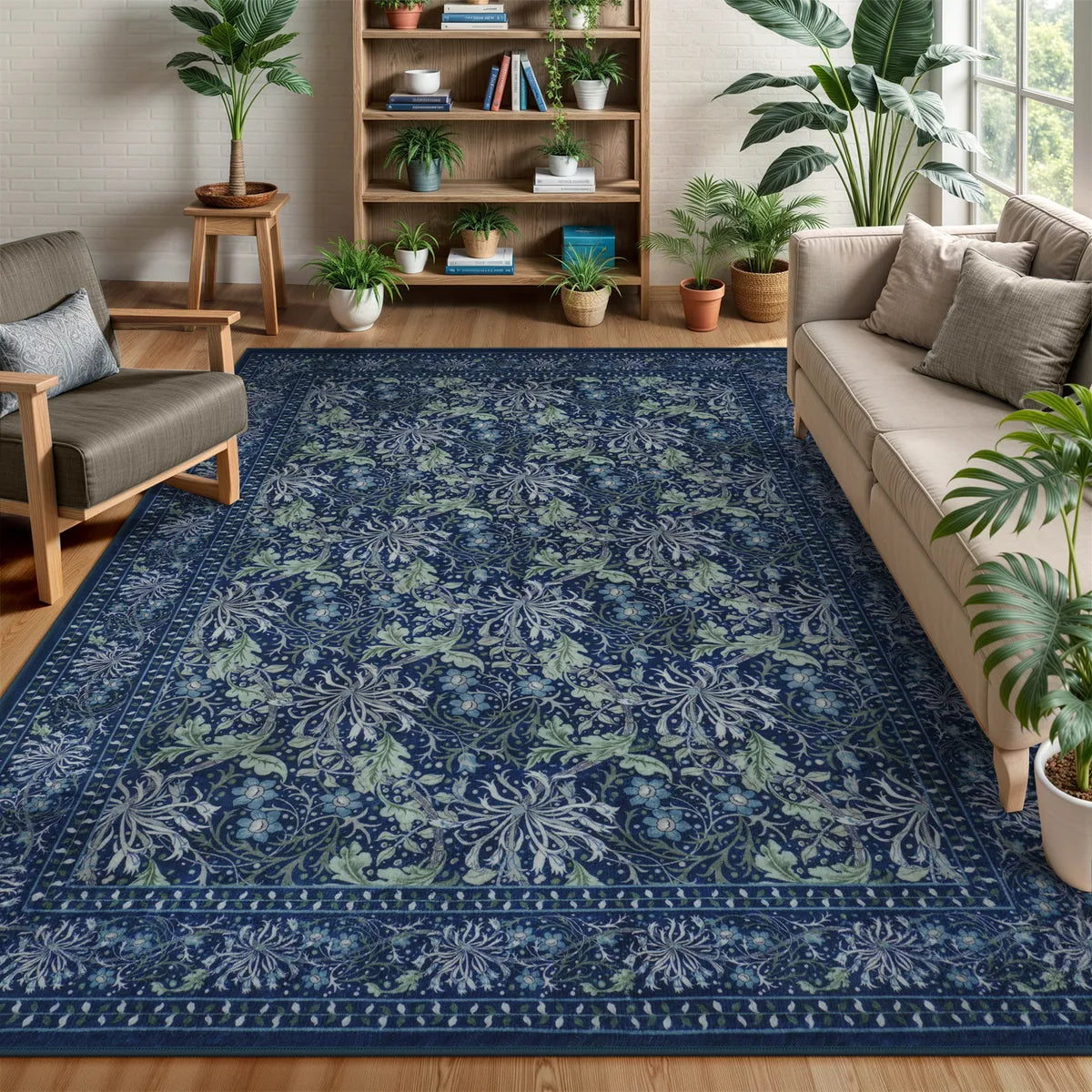 Arbore Washable Boho Vintage Floral Blue Rug
