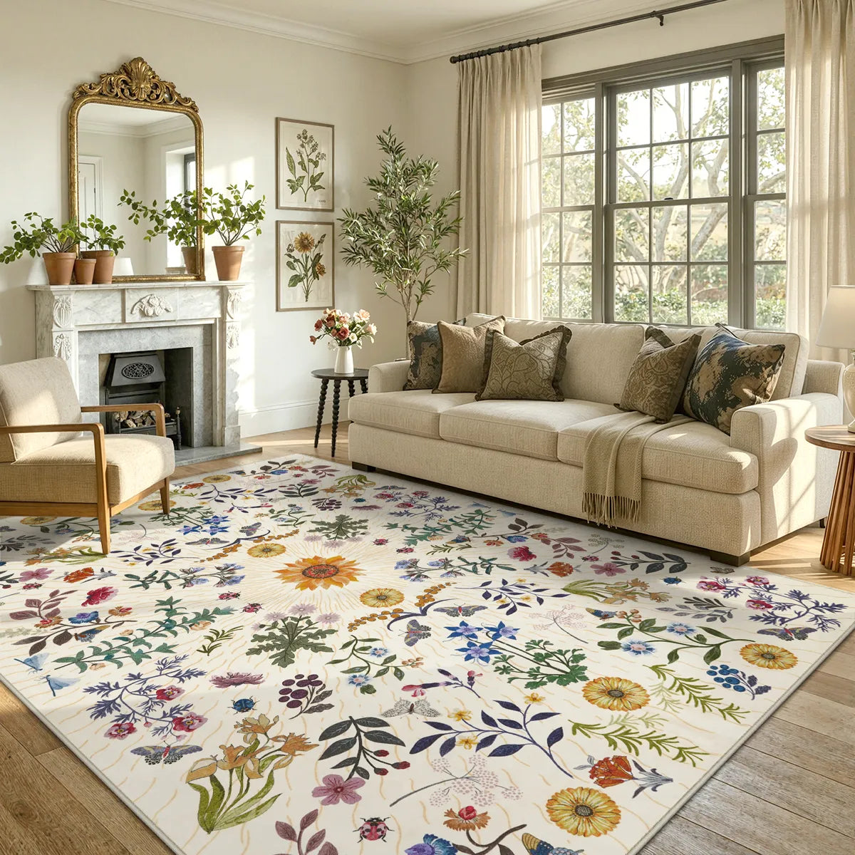 Eclore Washable Boho Botanical Floral Beige Rug