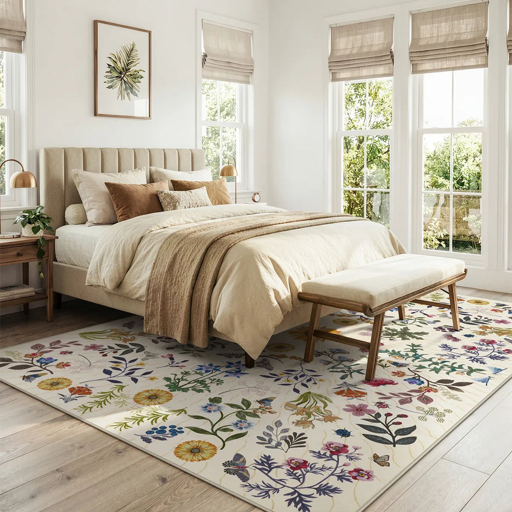 Eclore Washable Boho Botanical Floral Beige Rug