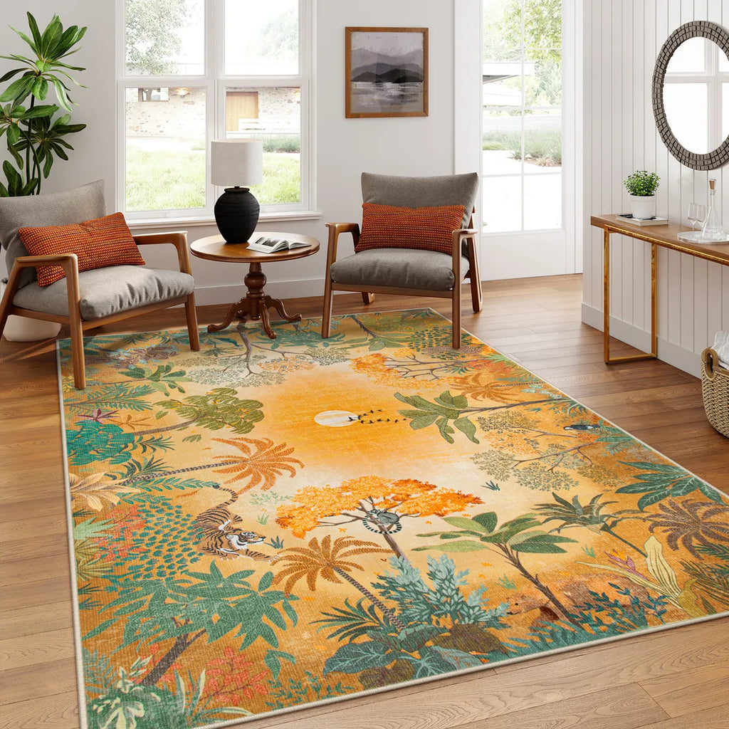 Jolene Washable Jungle Fall Sunrise Orange Area Rug