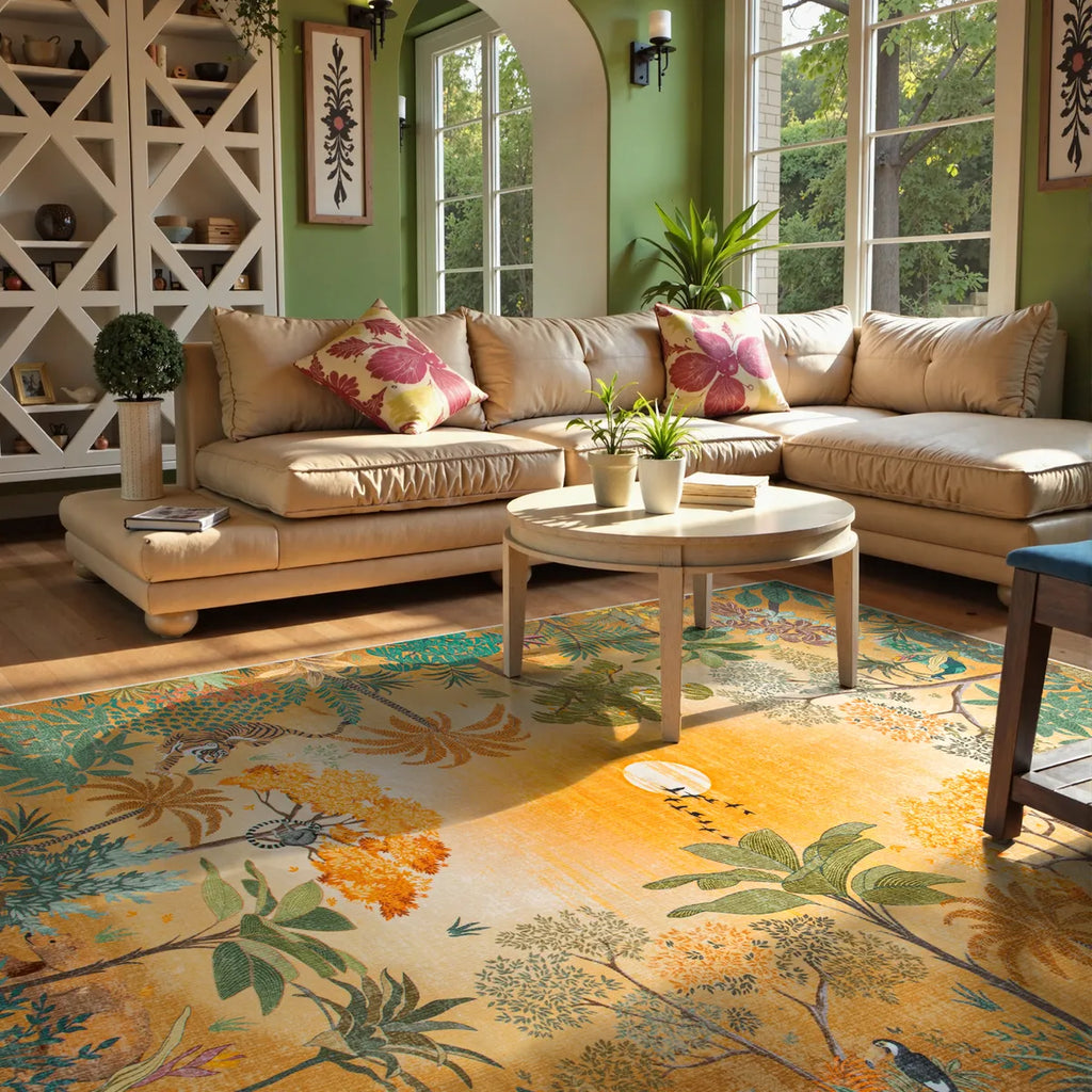 Jolene Washable Jungle Fall Sunrise Orange Area Rug