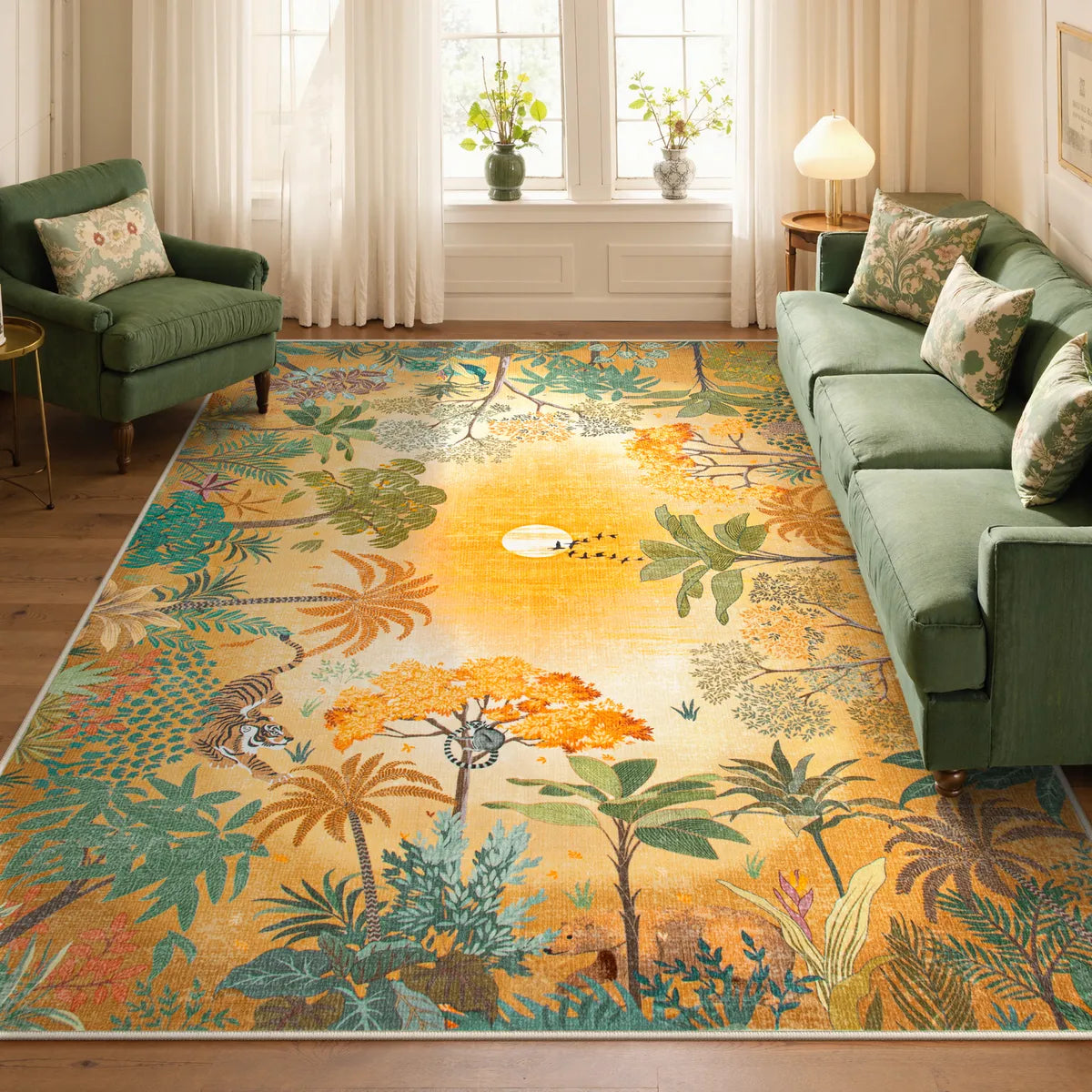 Jolene Washable Jungle Fall Sunrise Orange Area Rug