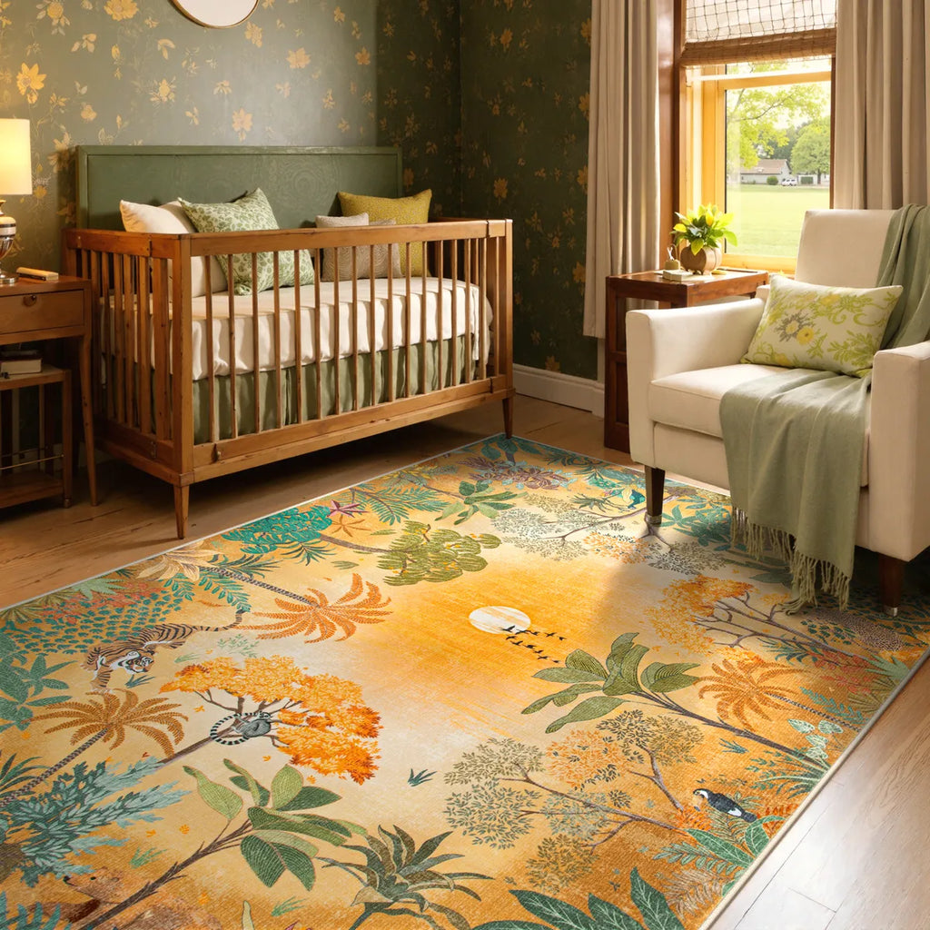 Jolene Washable Jungle Fall Sunrise Orange Area Rug