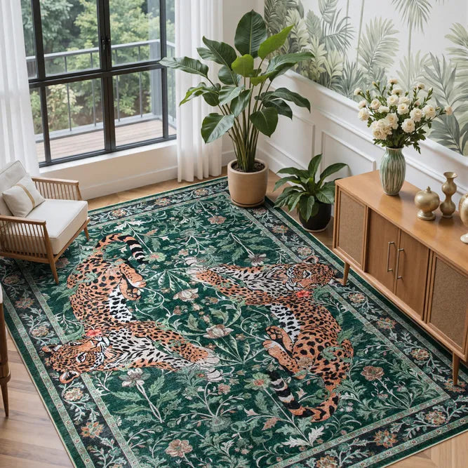 Noirel Washable Vintage Leopard Green Rug