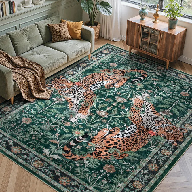 Noirel Washable Vintage Leopard Green Rug