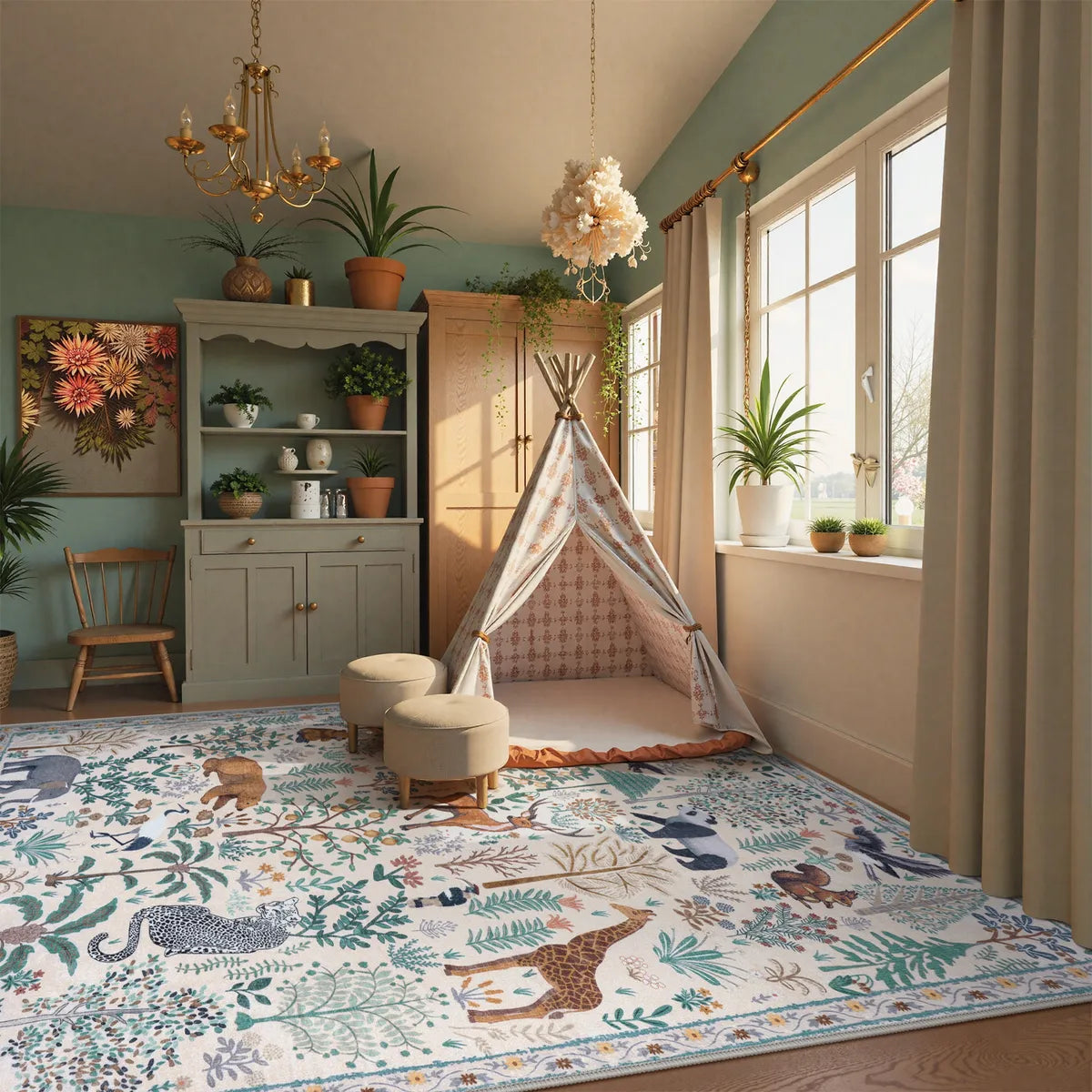 Roam Washable Jungle Animals Beige Rug