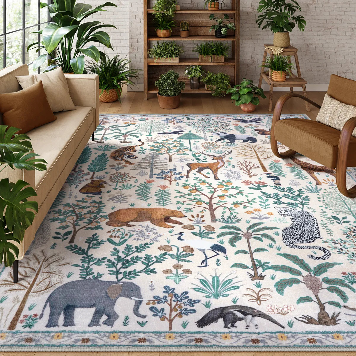 Roam Washable Jungle Animals Beige Rug
