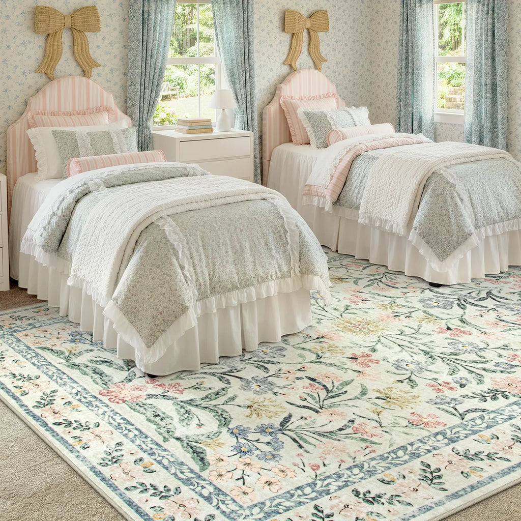 Sylvie Washable Boho Modern Parisian Garden Floral Beige Rug