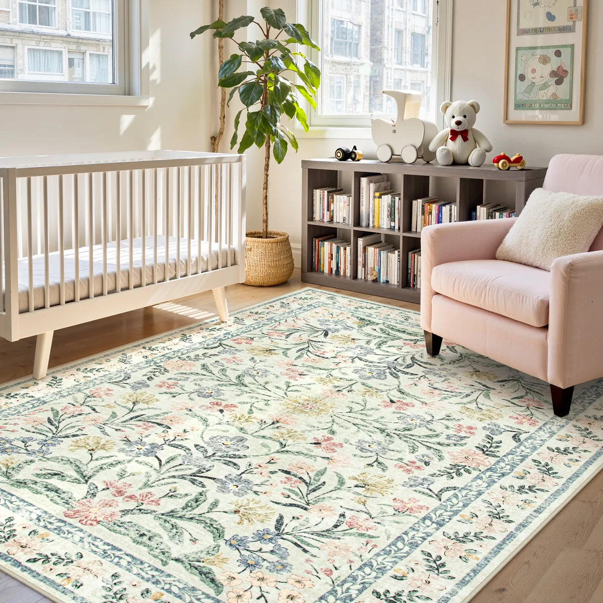 Sylvie Washable Boho Modern Parisian Garden Floral Beige Rug
