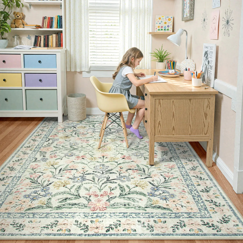 Sylvie Washable Boho Modern Parisian Garden Floral Beige Rug