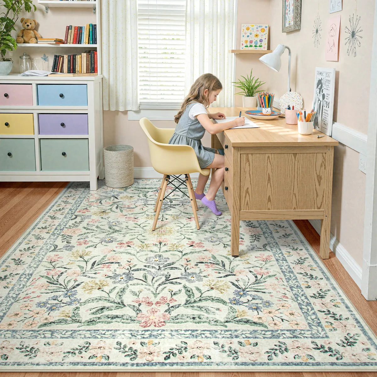 Sylvie Washable Boho Modern Parisian Garden Floral Beige Rug