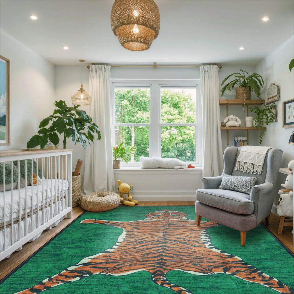 Totem Washable Aesthetic Tiger Green Rug