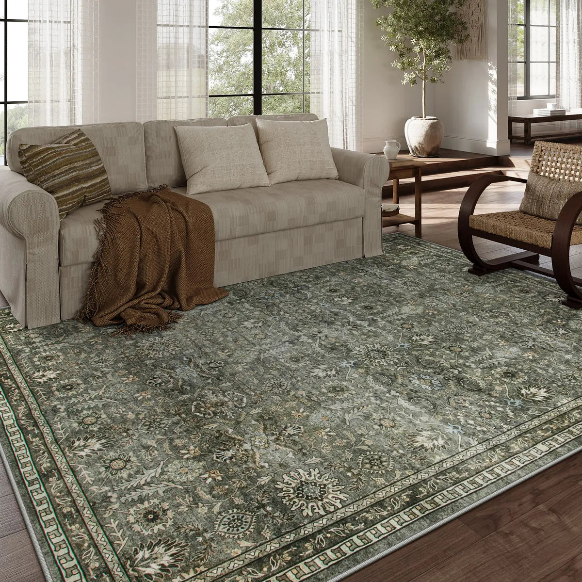 Mirae Washable Vintage Persian Dark Green Rug