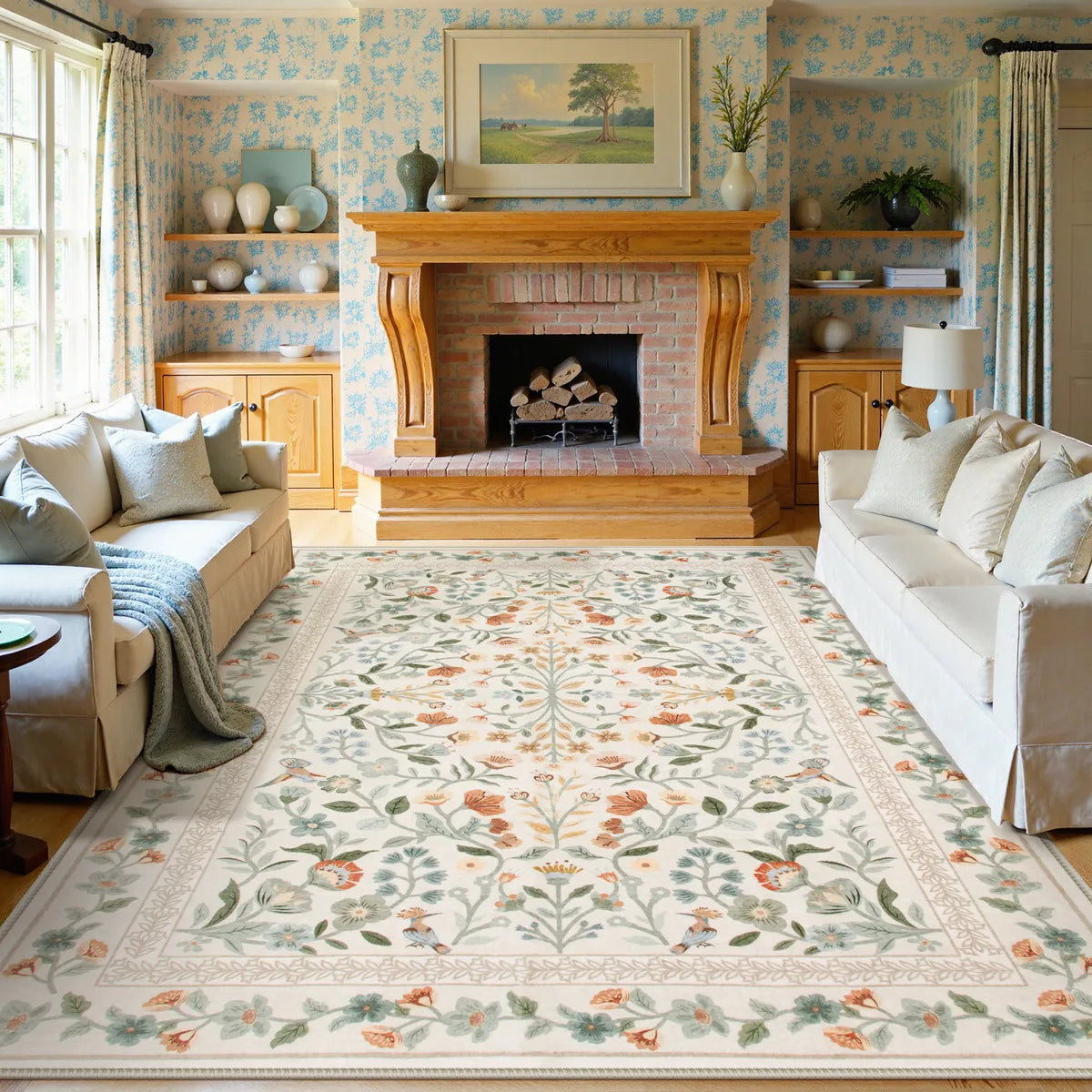 Celeste Washable Vintage Floral Beige Area Rug