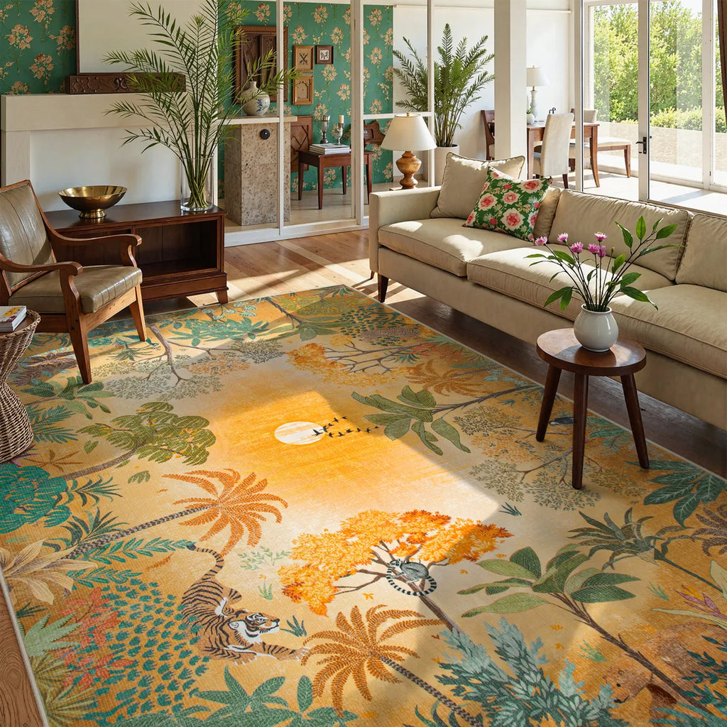 Jolene Washable Jungle Fall Sunrise Orange Area Rug