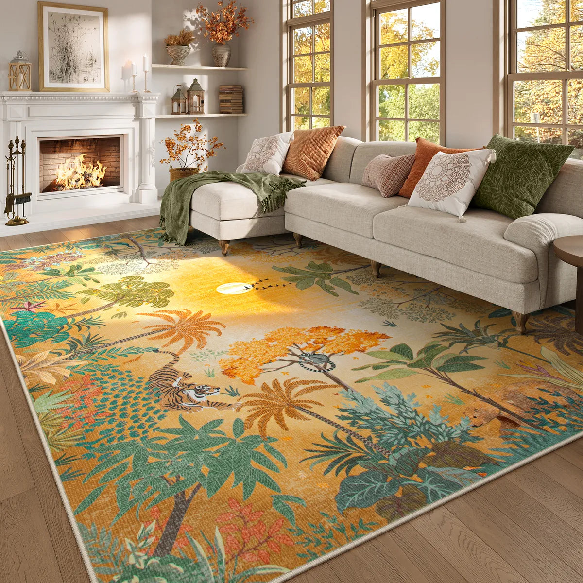 Jolene Washable Jungle Fall Sunrise Orange Area Rug