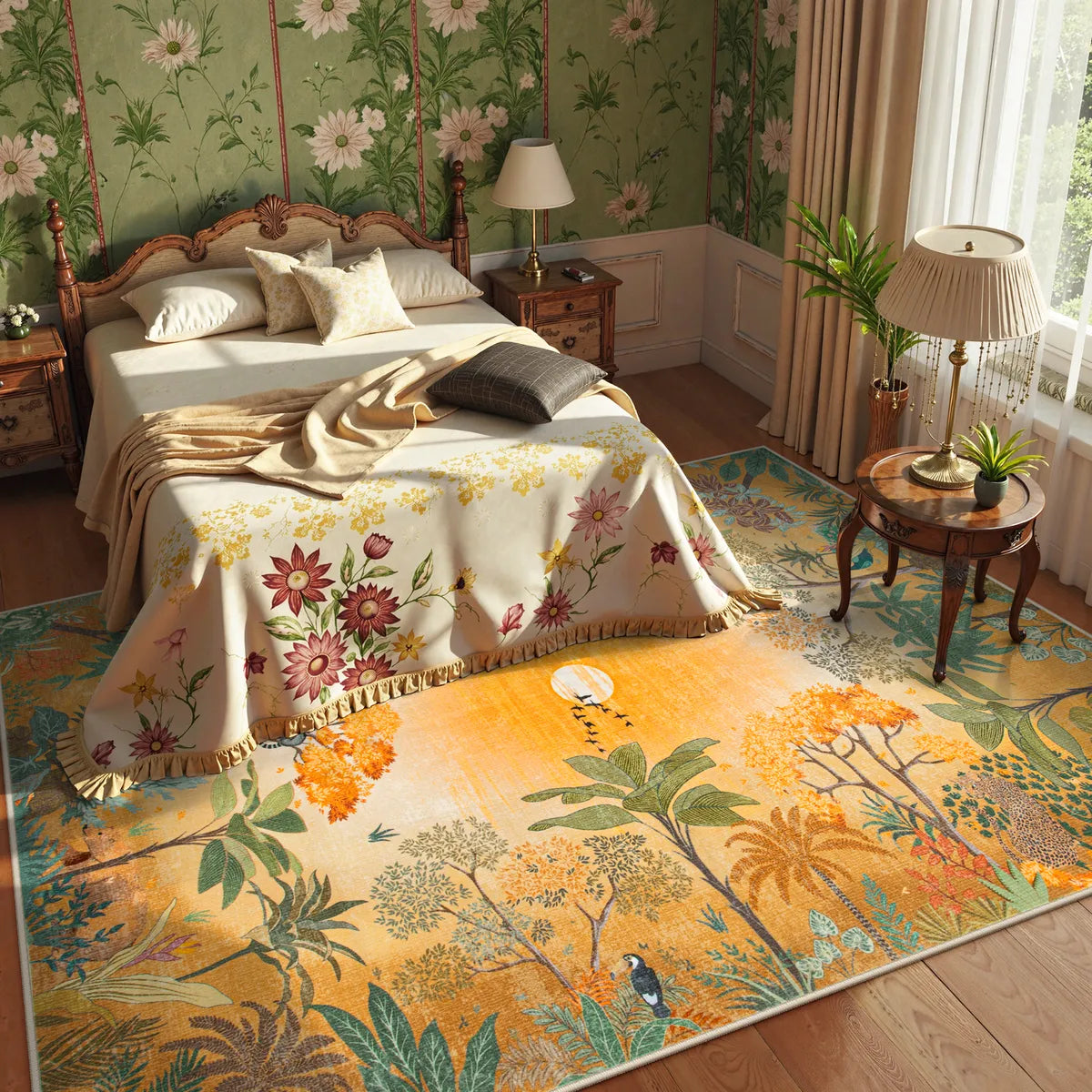 Jolene Washable Jungle Fall Sunrise Orange Area Rug