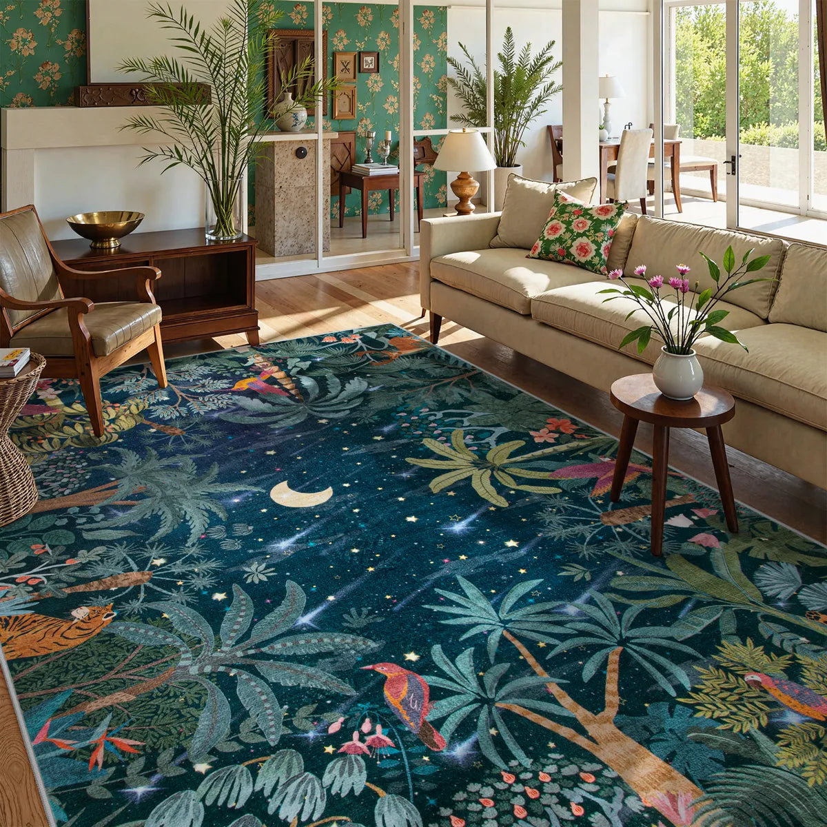 Jovence Washable Jungle Midnight Blue Area Rug
