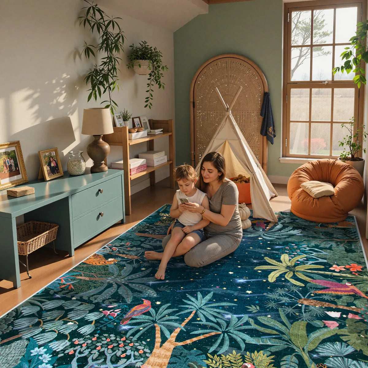 Jovence Washable Jungle Midnight Blue Area Rug