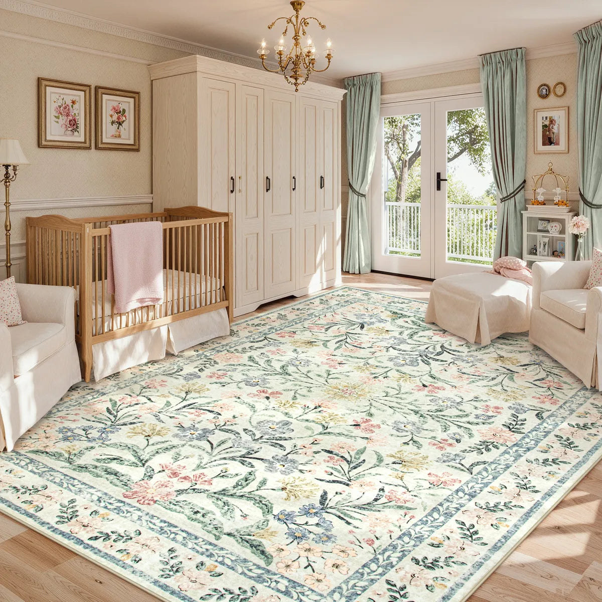 Sylvie Washable Boho Modern Parisian Garden Floral Beige Rug