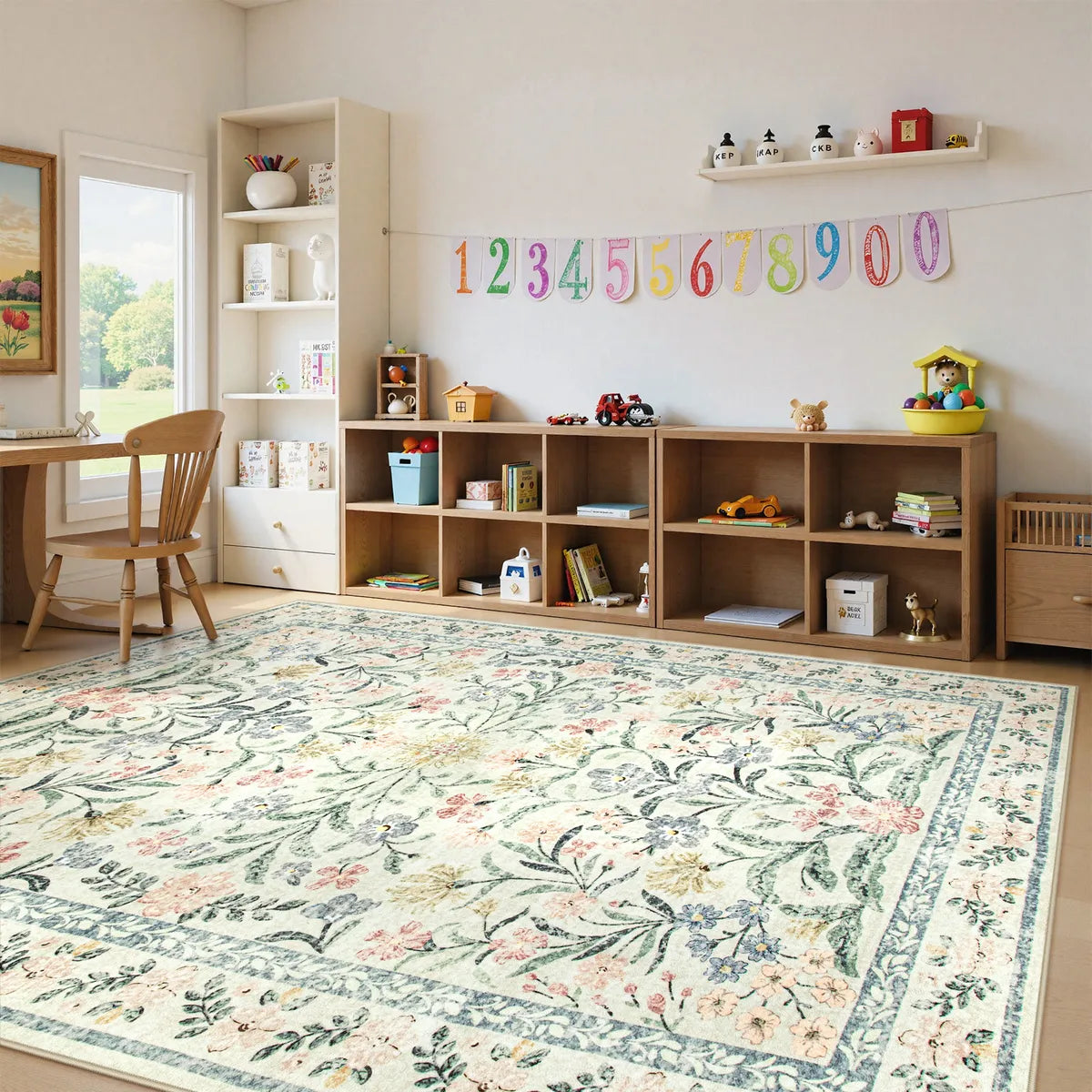 Sylvie Washable Boho Modern Parisian Garden Floral Beige Rug