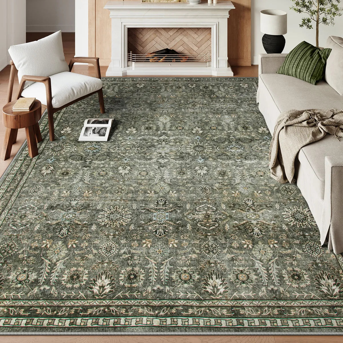 Mirae Washable Vintage Persian Dark Green Rug