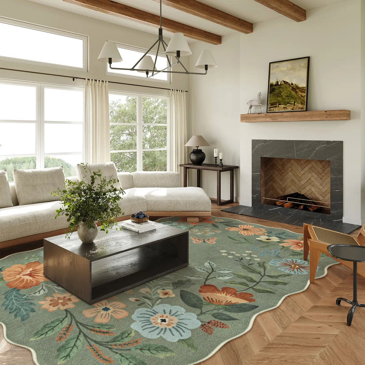 Flore Washable Boho Modern Parisian Floral Scalloped Green Rug