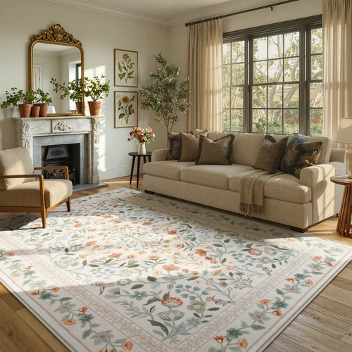 Celeste Washable Vintage Floral Beige Area Rug