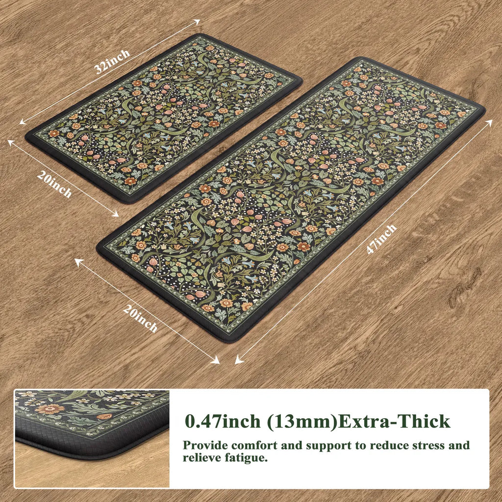 Clarisse Maximalism Floral Black Anti-Fatigue Kitchen Mat Set