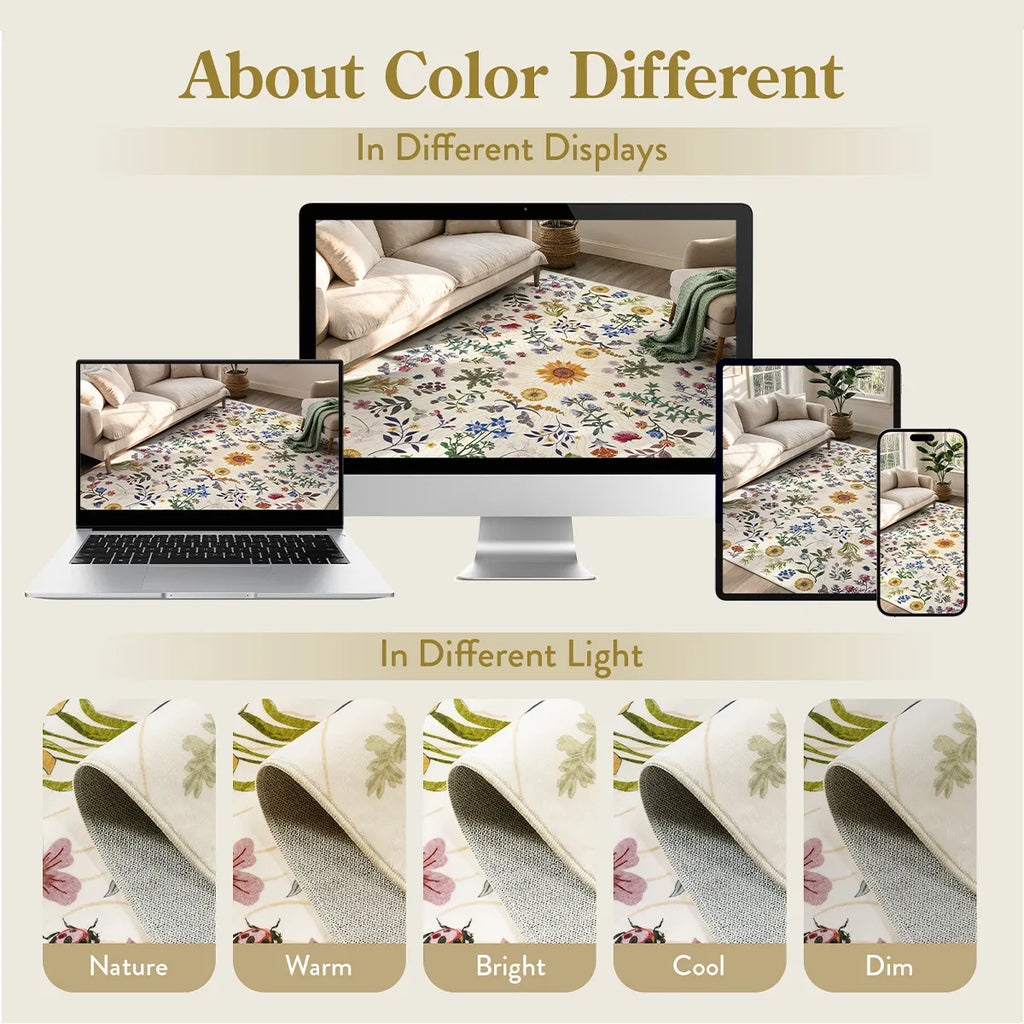 Eclore Washable Boho Botanical Floral Beige Rug