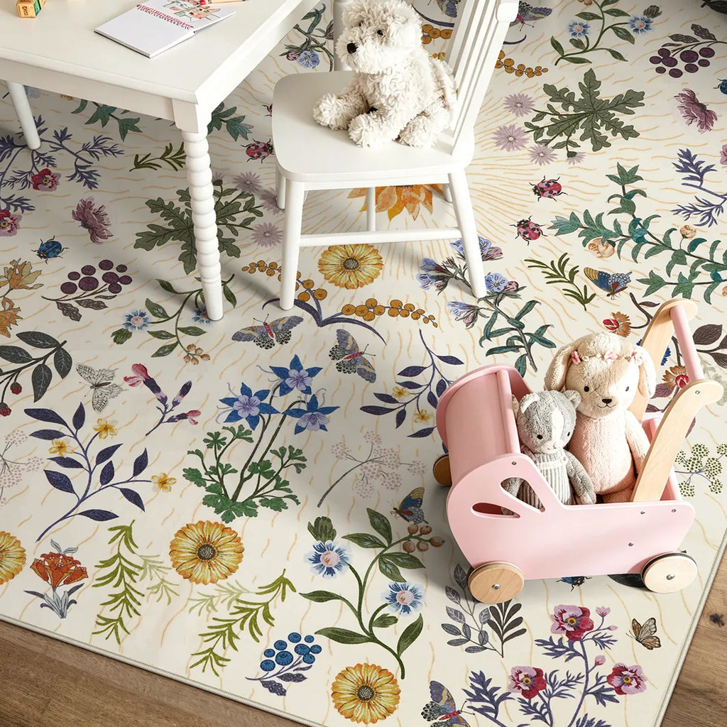 Eclore Washable Boho Botanical Floral Beige Rug