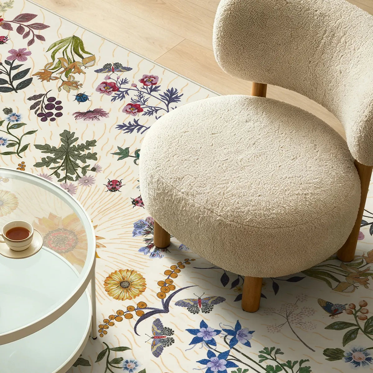 Eclore Washable Boho Botanical Floral Beige Rug