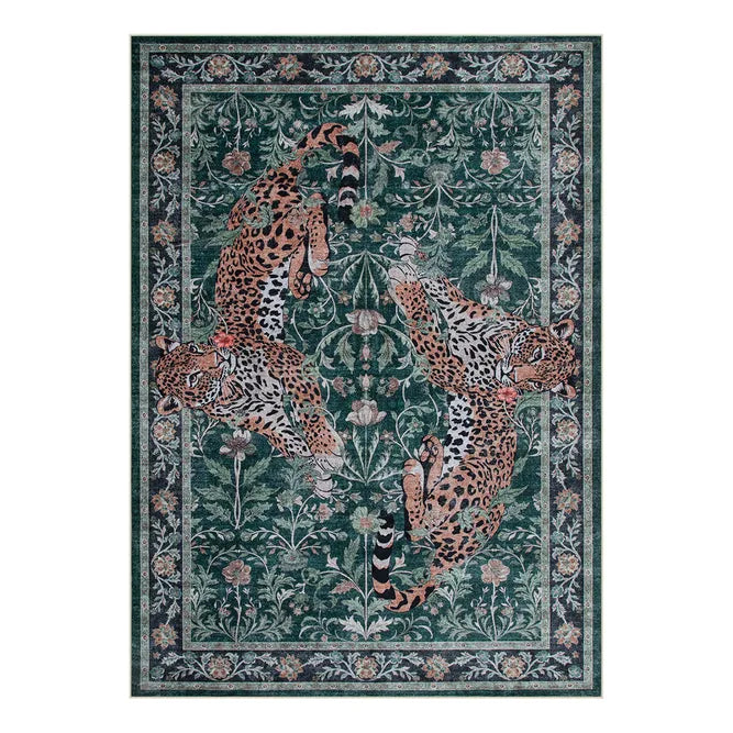 Noirel Washable Vintage Leopard Green Rug