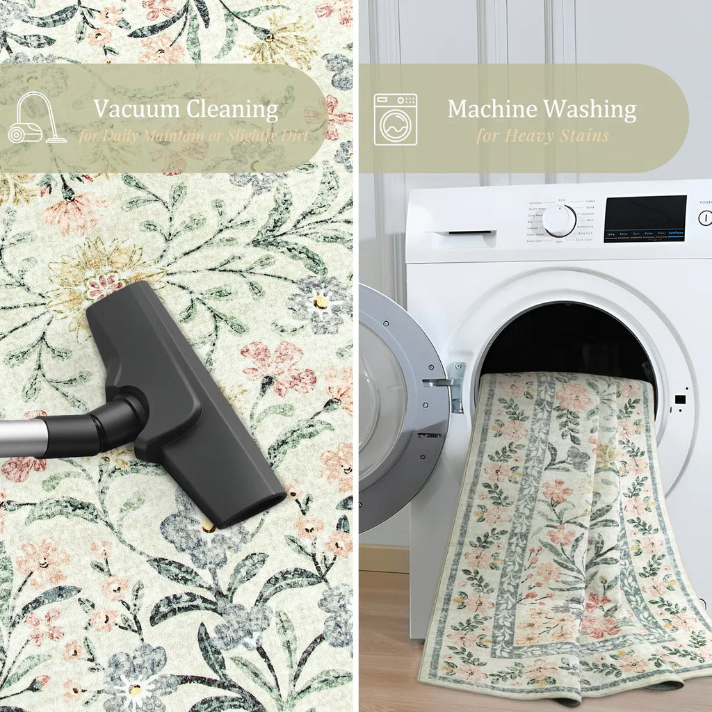 Sylvie Washable Boho Modern Parisian Garden Floral Beige Rug