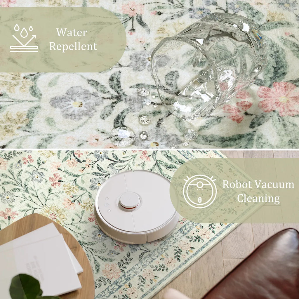 Sylvie Washable Boho Modern Parisian Garden Floral Beige Rug