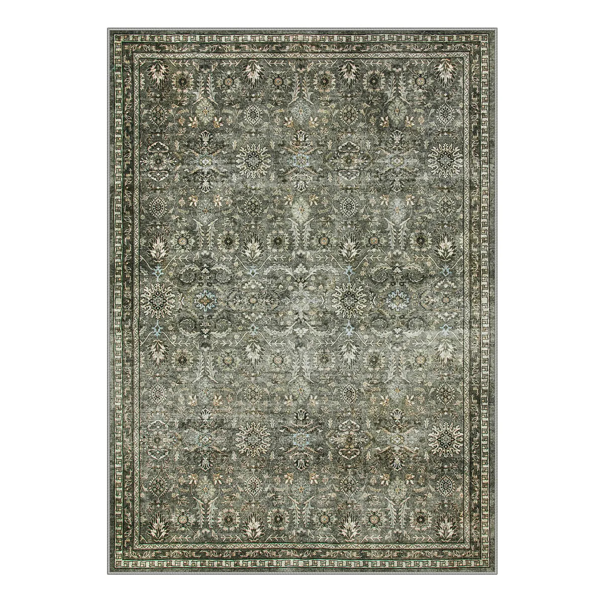 Mirae Washable Vintage Persian Dark Green Rug
